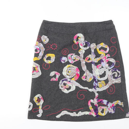 White Stuff Womens Grey Embroidered A-Line Wool Blend Skirt Size 10