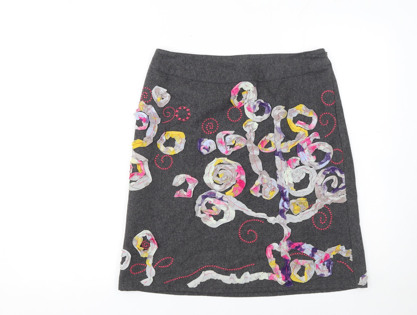 White Stuff Womens Grey Embroidered A-Line Wool Blend Skirt Size 10