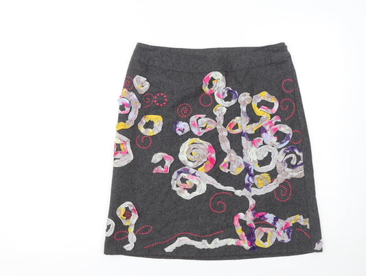 White Stuff Womens Grey Embroidered A-Line Wool Blend Skirt Size 10
