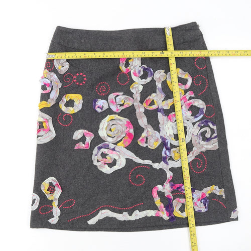 White Stuff Womens Grey Embroidered A-Line Wool Blend Skirt Size 10