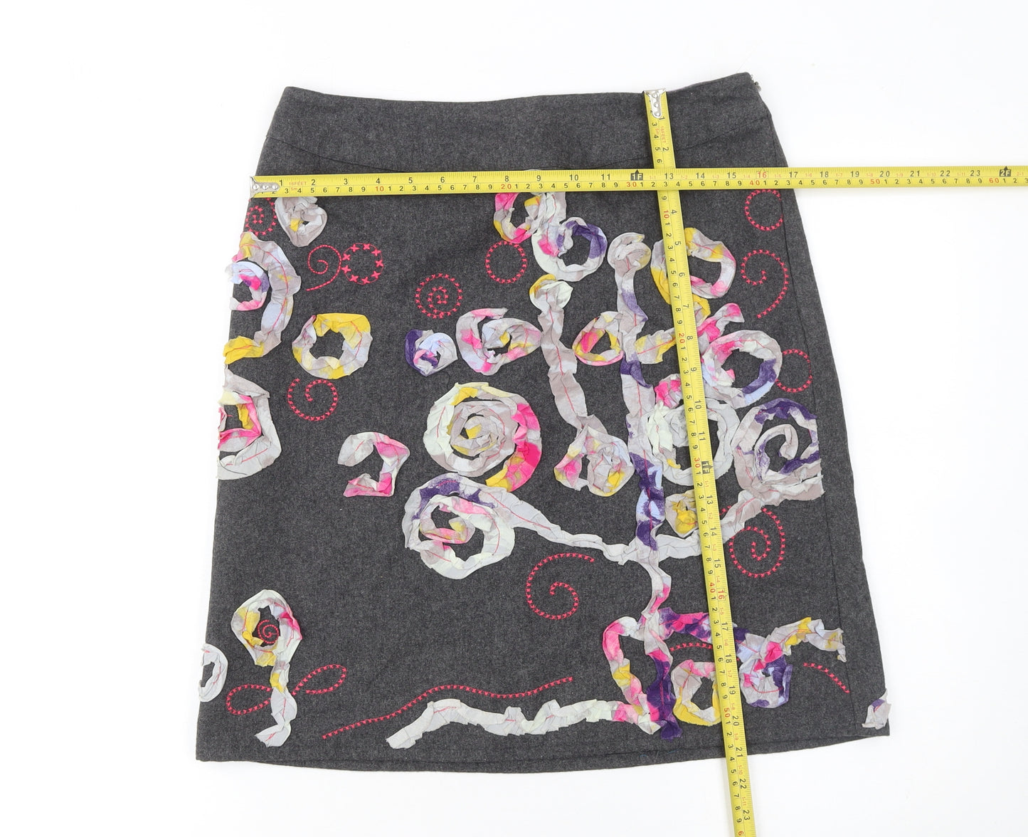 White Stuff Womens Grey Embroidered A-Line Wool Blend Skirt Size 10