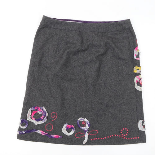 White Stuff Womens Grey Embroidered A-Line Wool Blend Skirt Size 10