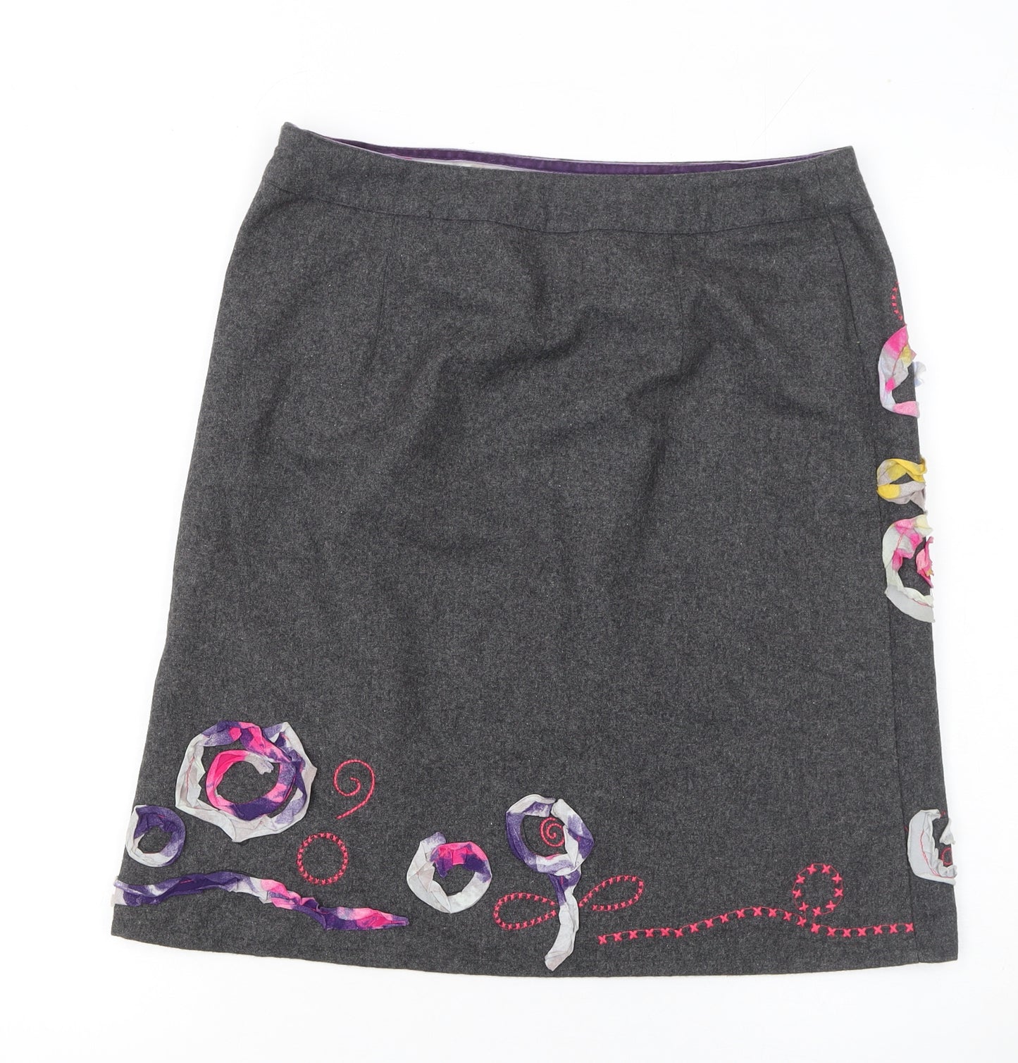 White Stuff Womens Grey Embroidered A-Line Wool Blend Skirt Size 10