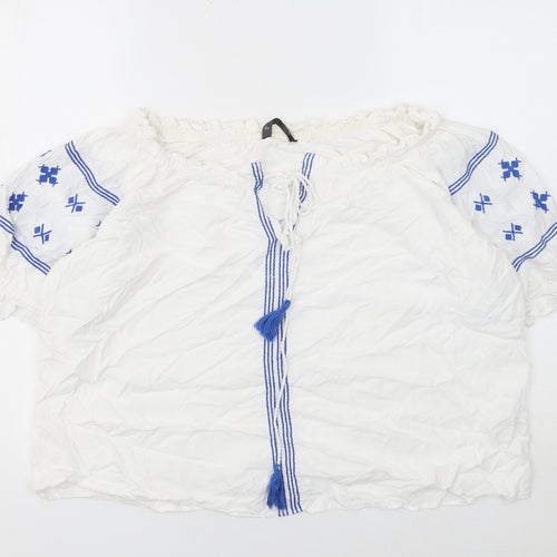 Dunnes Stores Women’s White Blue Embroidered Bohemian Peasant Blouse XL