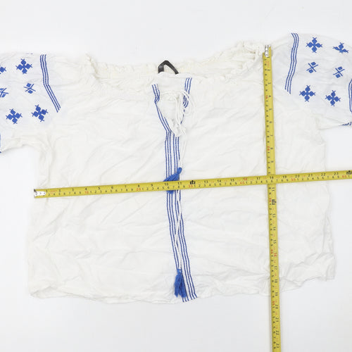 Dunnes Stores Women’s White Blue Embroidered Bohemian Peasant Blouse XL