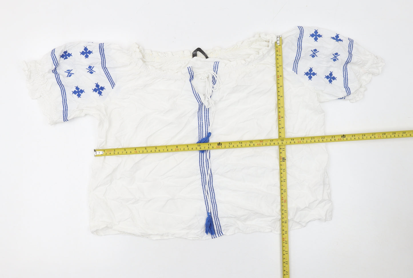 Dunnes Stores Women’s White Blue Embroidered Bohemian Peasant Blouse XL