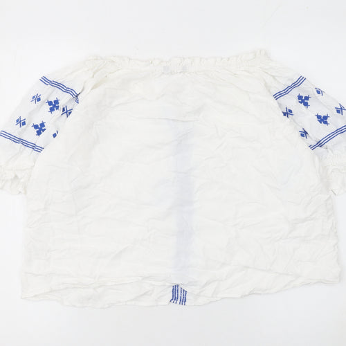 Dunnes Stores Women’s White Blue Embroidered Bohemian Peasant Blouse XL