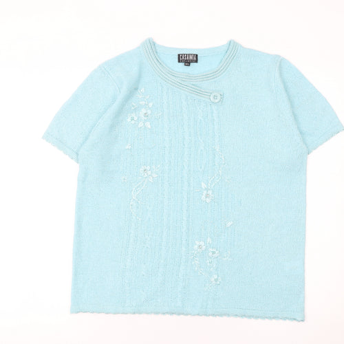 Casamia Women’s Blue Floral Embroidered Short Sleeve Knit Jumper M