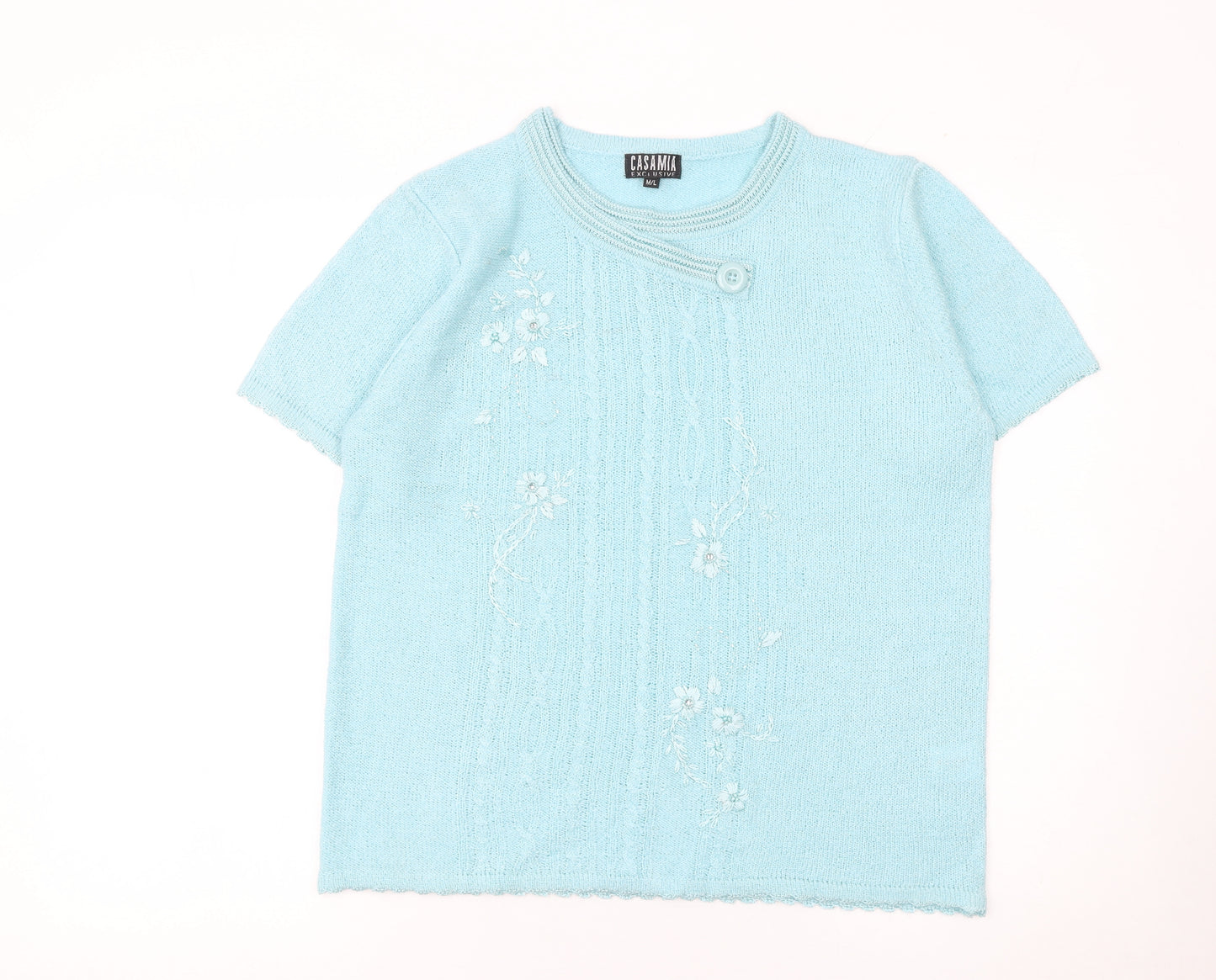 Casamia Women’s Blue Floral Embroidered Short Sleeve Knit Jumper M