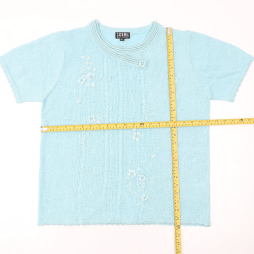Casamia Women’s Blue Floral Embroidered Short Sleeve Knit Jumper M