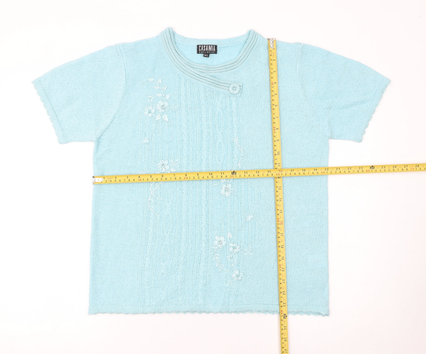 Casamia Women’s Blue Floral Embroidered Short Sleeve Knit Jumper M