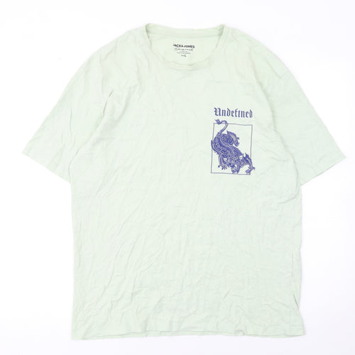 Jack & Jones Men Green Dragon Graphic Print Cotton T-Shirt L