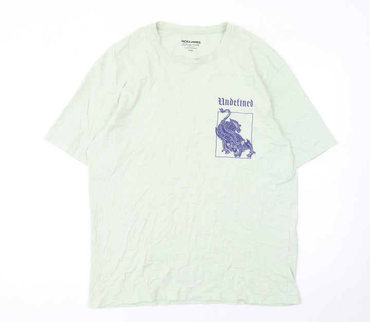 Jack & Jones Men Green Dragon Graphic Print Cotton T-Shirt L