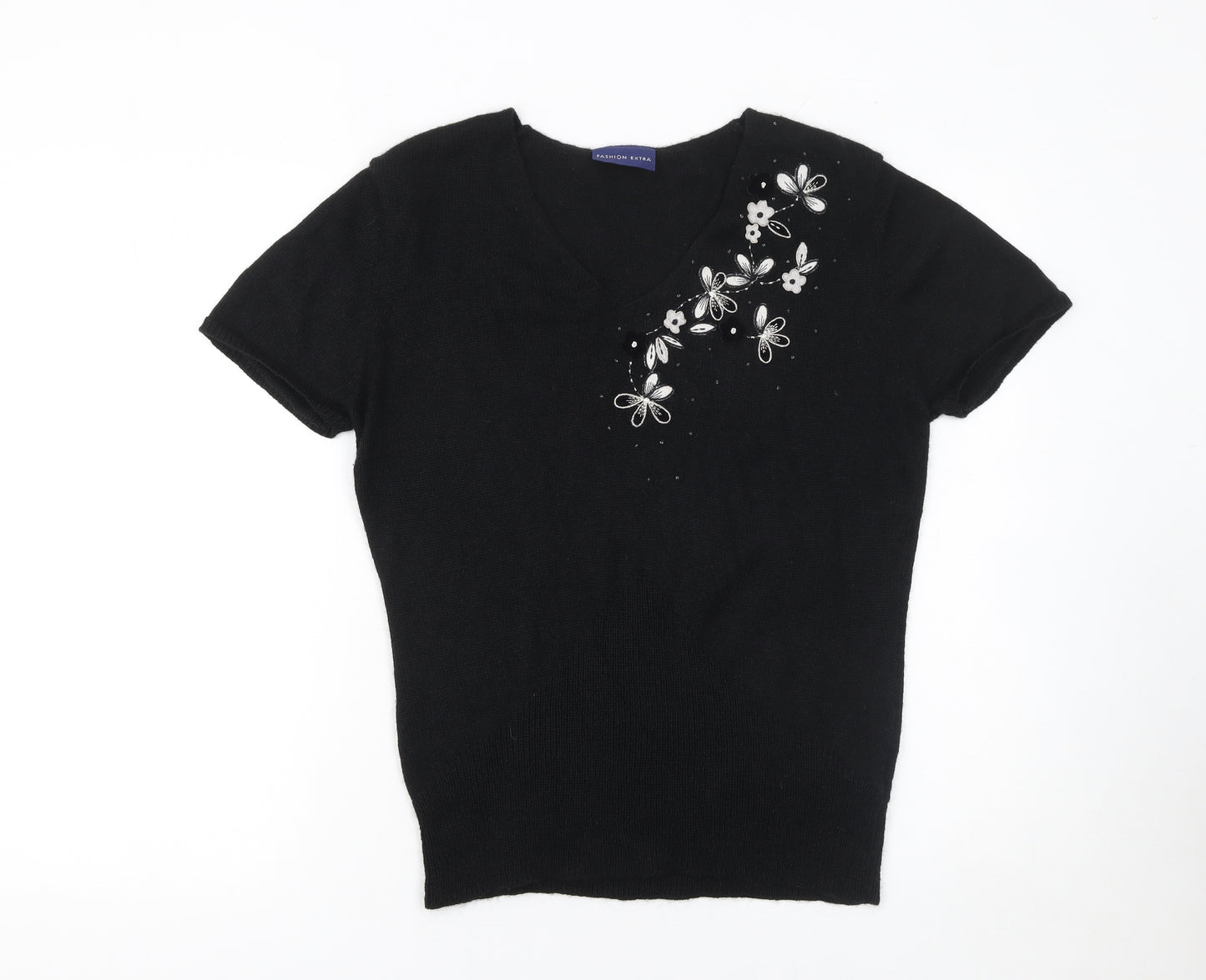 Fashion Extra Women's Black V-Neck Short Sleeve Pullover Jumper Size 16