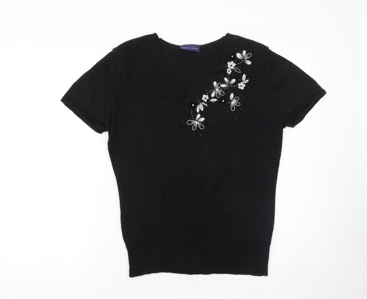 Fashion Extra Women's Black V-Neck Short Sleeve Pullover Jumper Size 16