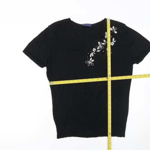 Fashion Extra Women's Black V-Neck Short Sleeve Pullover Jumper Size 16