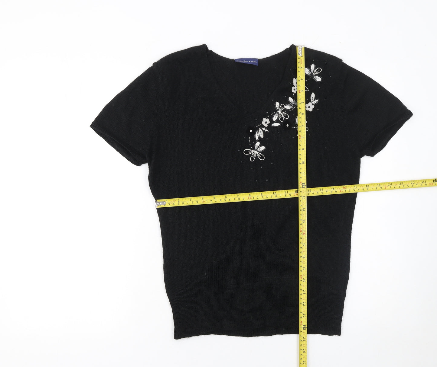 Fashion Extra Women's Black V-Neck Short Sleeve Pullover Jumper Size 16