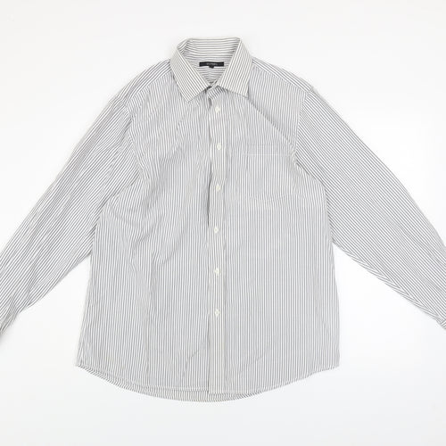 Dunnes Men's White Striped Long Sleeve Button-Up Shirt Size 16