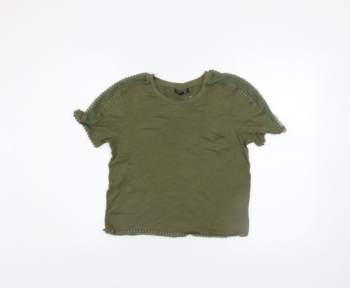 Topshop Women's Green Crochet Trim Crew Neck T-Shirt Size 10