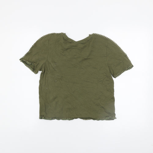 Topshop Women's Green Crochet Trim Crew Neck T-Shirt Size 10