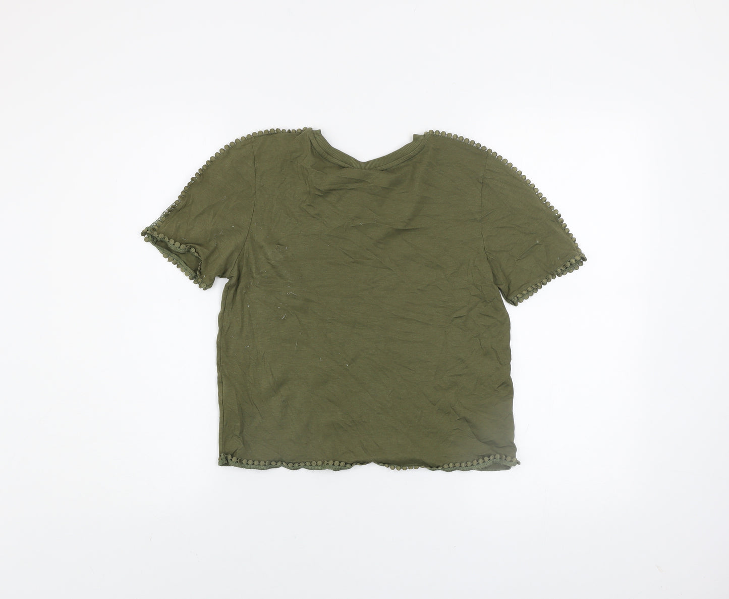 Topshop Women's Green Crochet Trim Crew Neck T-Shirt Size 10