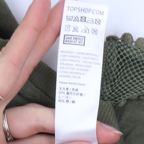 Topshop Women's Green Crochet Trim Crew Neck T-Shirt Size 10