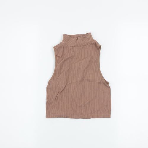 Zara Women's Brown Ribbed Cropped High Neck Sleeveless Tank Top XS