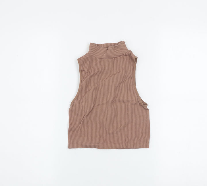 Zara Women's Brown Ribbed Cropped High Neck Sleeveless Tank Top XS