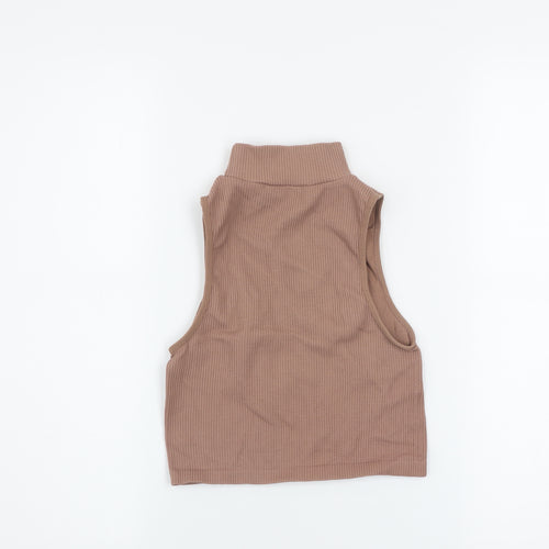 Zara Women's Brown Ribbed Cropped High Neck Sleeveless Tank Top XS