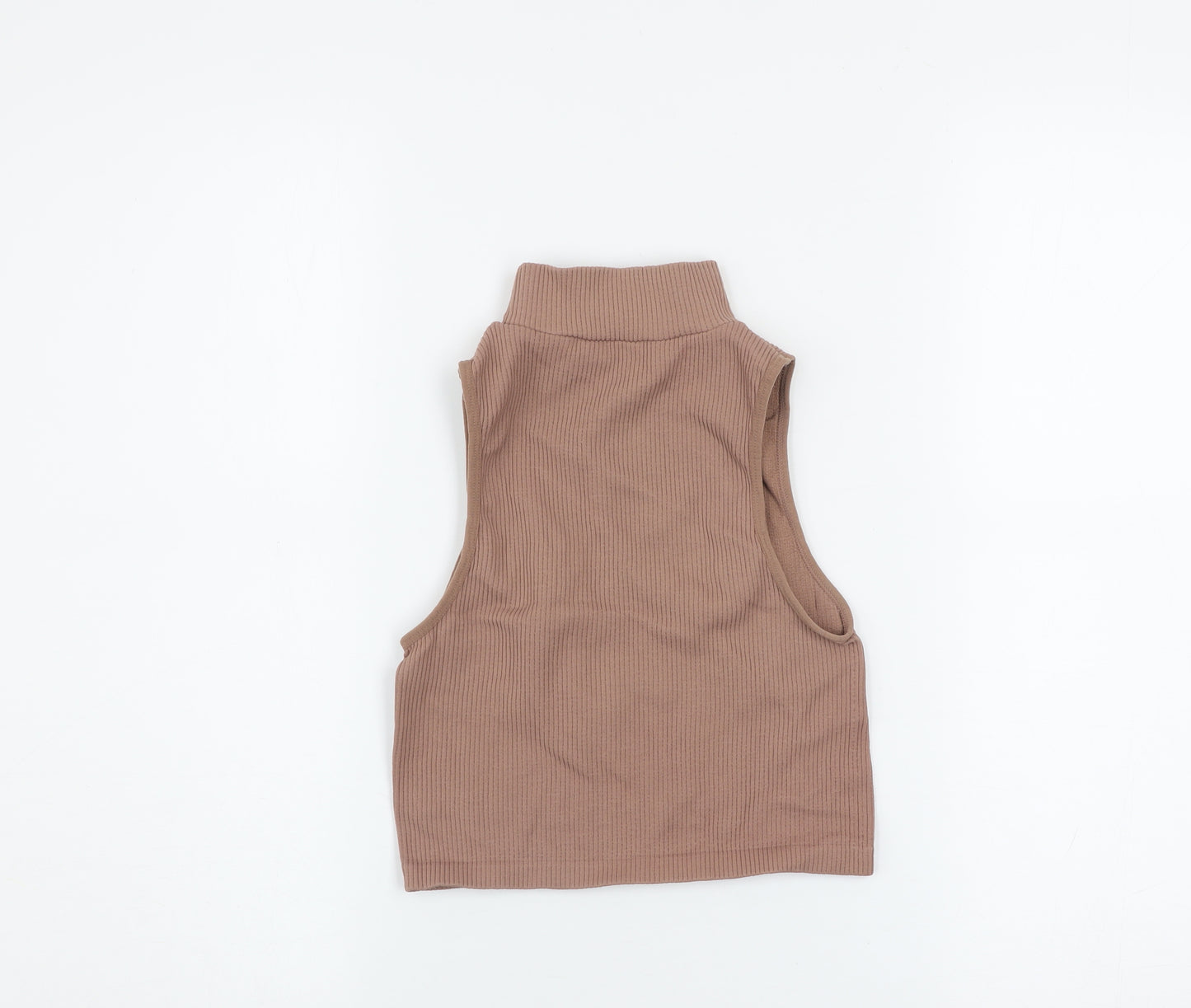 Zara Women's Brown Ribbed Cropped High Neck Sleeveless Tank Top XS