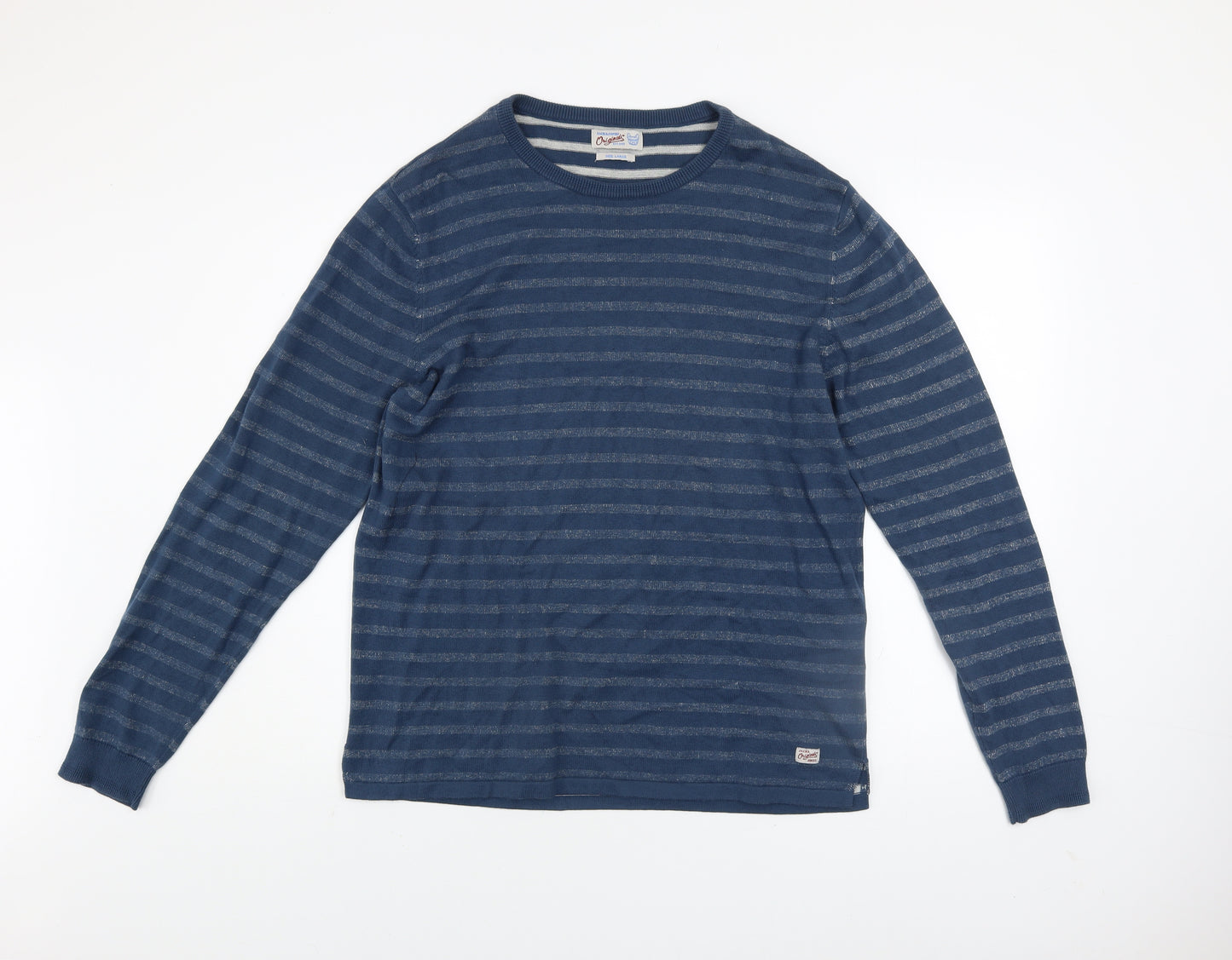 Jack & Jones Men's Blue Striped Cotton Crew Neck Jumper Size L