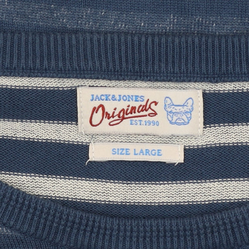 Jack & Jones Men's Blue Striped Cotton Crew Neck Jumper Size L