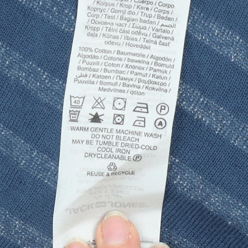 Jack & Jones Men's Blue Striped Cotton Crew Neck Jumper Size L