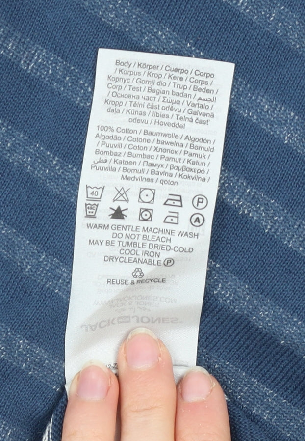 Jack & Jones Men's Blue Striped Cotton Crew Neck Jumper Size L