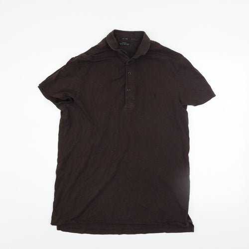 AllSaints Men's Brown Bramford Short Sleeve Cotton Polo Shirt Size L