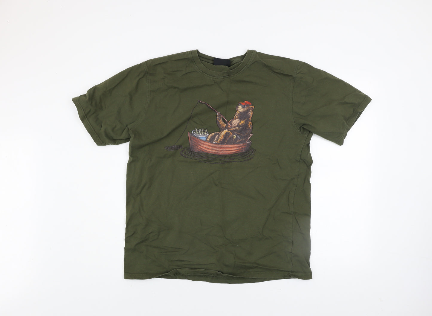 North Ridge Men's Green XL Funny Bear Fishing Graphic T-Shirt