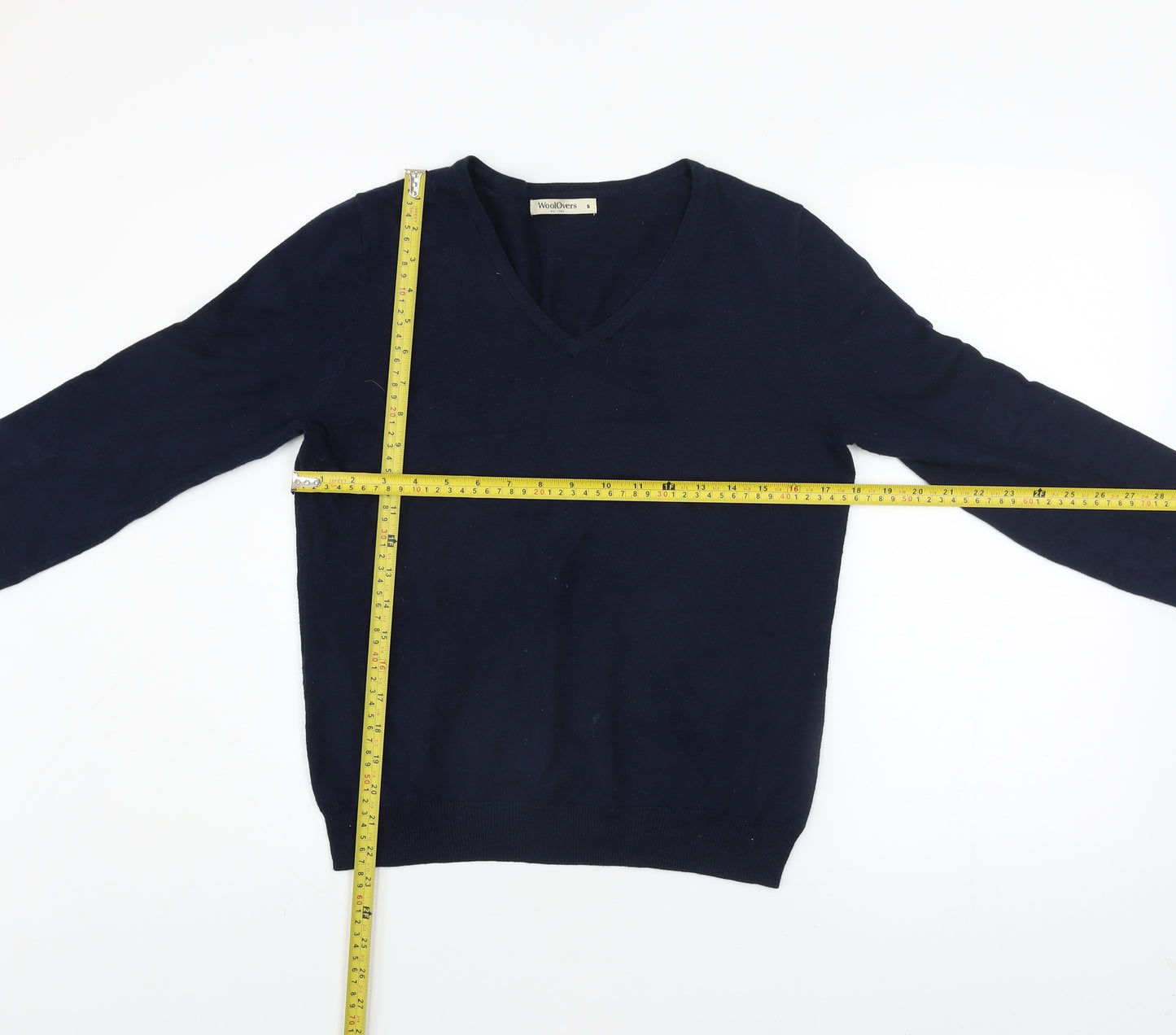 WoolOvers Men's Blue V-Neck Cotton Cashmere Jumper Size S