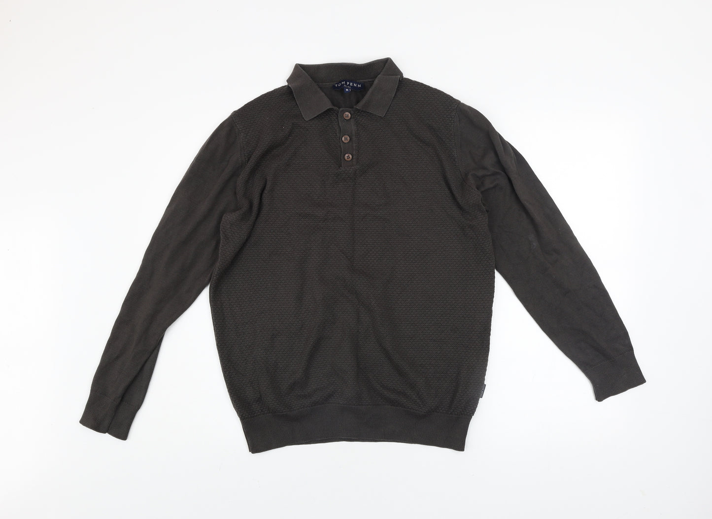 Tom Penn Men's Brown Slim Fit Long Sleeve Cotton Polo Shirt M