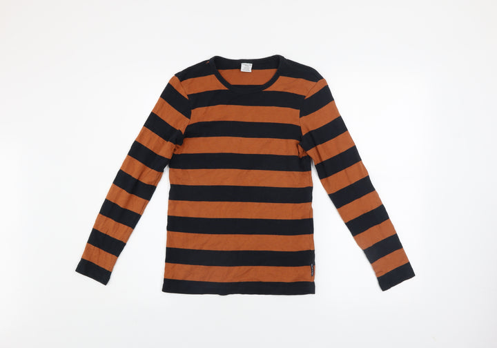 Polarn O. Pyret Boys Brown & Black Striped Long Sleeve Cotton T-Shirt 10-12Y