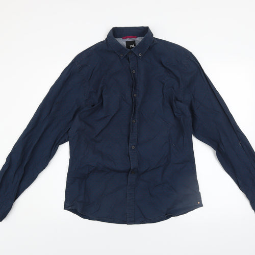 yd. Men's Blue Geometric Long Sleeve Button-Up Cotton Shirt Size M