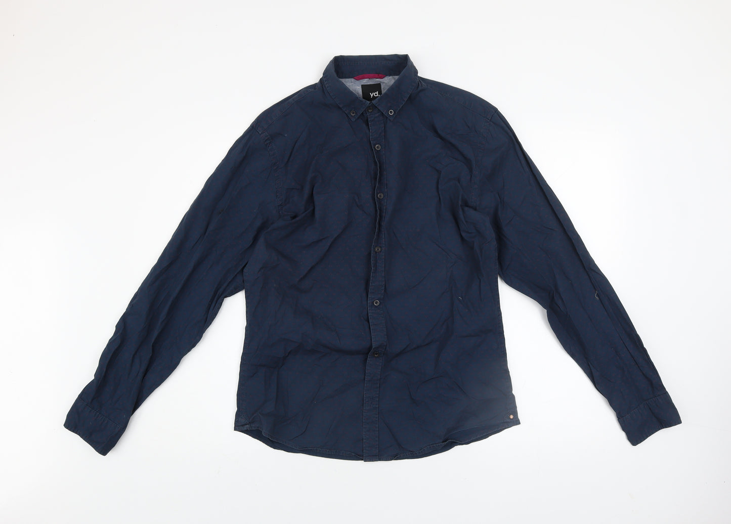 yd. Men's Blue Geometric Long Sleeve Button-Up Cotton Shirt Size M