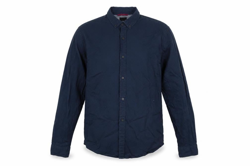 Front view of yd. Men's Blue Geometric Long Sleeve Button-Up Cotton Shirt, size M