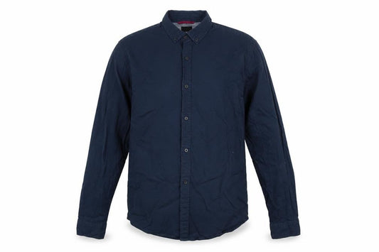 Front view of yd. Men's Blue Geometric Long Sleeve Button-Up Cotton Shirt, size M