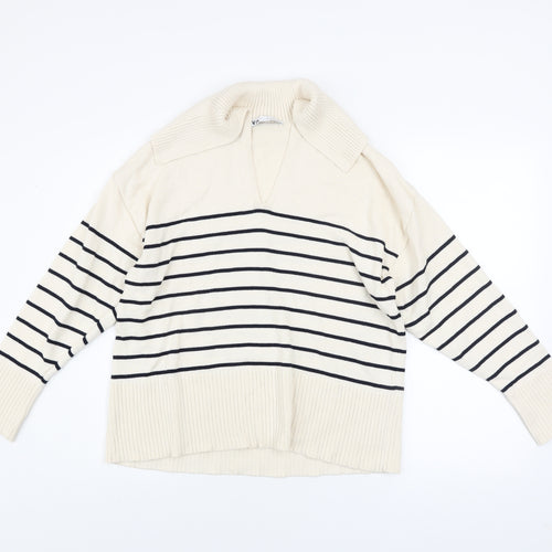 Zara Women Ivory Striped V-Neck Relaxed Knit Jumper Size S