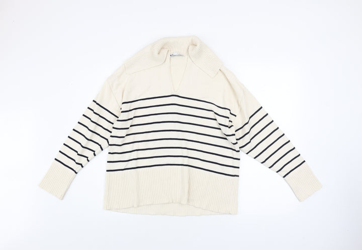 Zara Women Ivory Striped V-Neck Relaxed Knit Jumper Size S