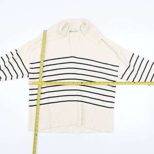 Zara Women Ivory Striped V-Neck Relaxed Knit Jumper Size S
