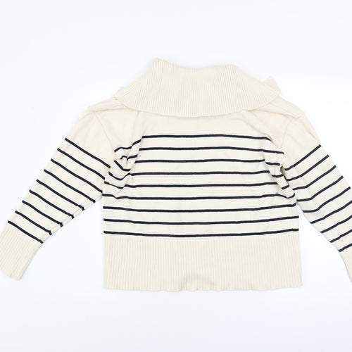 Zara Women Ivory Striped V-Neck Relaxed Knit Jumper Size S