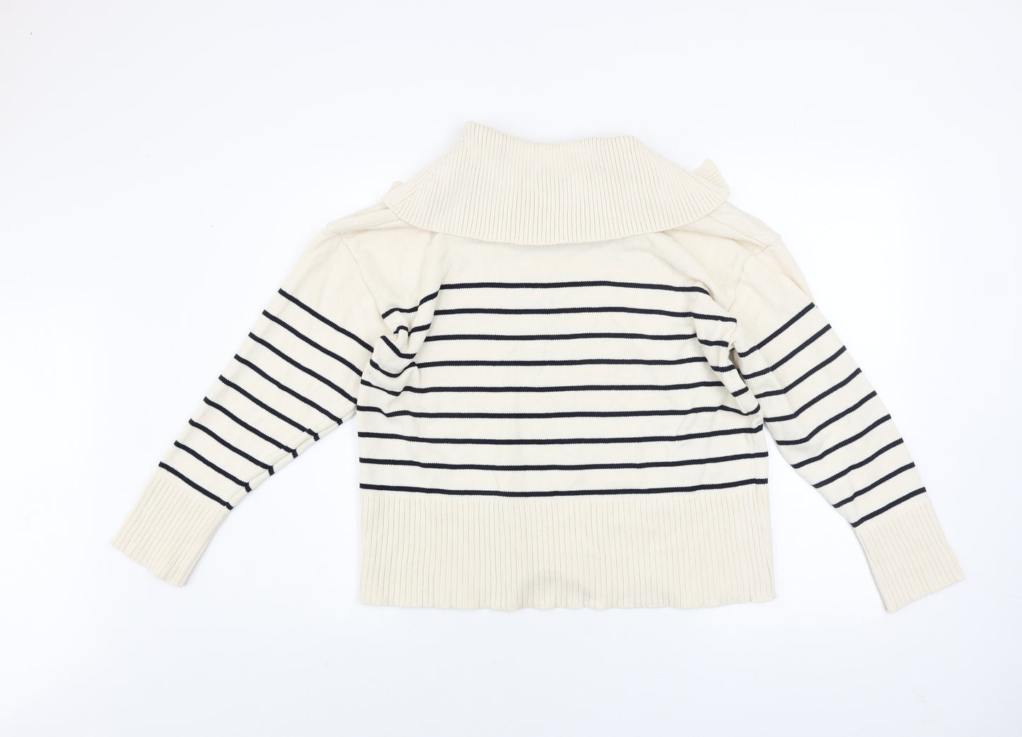 Zara Women Ivory Striped V-Neck Relaxed Knit Jumper Size S
