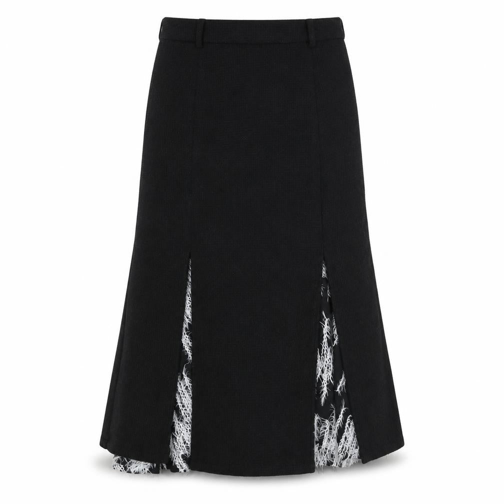芥薬少女居所 Womens Black Midi Trumpet Skirt M Tweed Fringe Detail