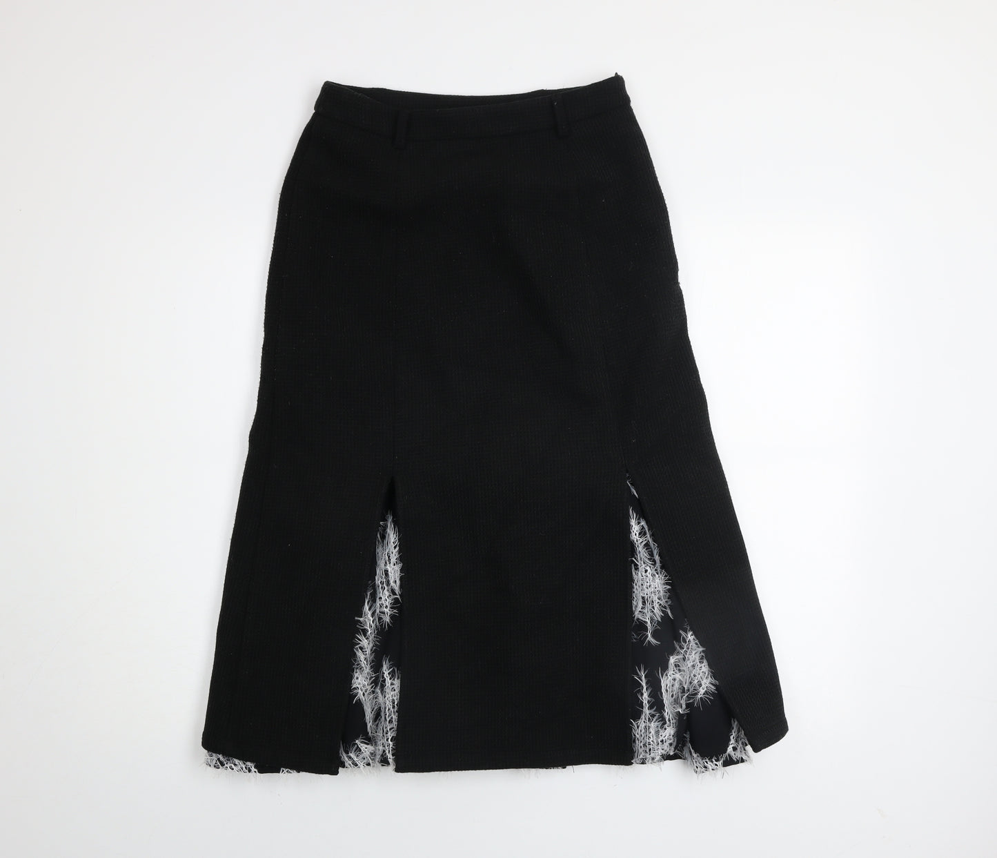 芥薬少女居所 Womens Black Midi Trumpet Skirt M Tweed Fringe Detail